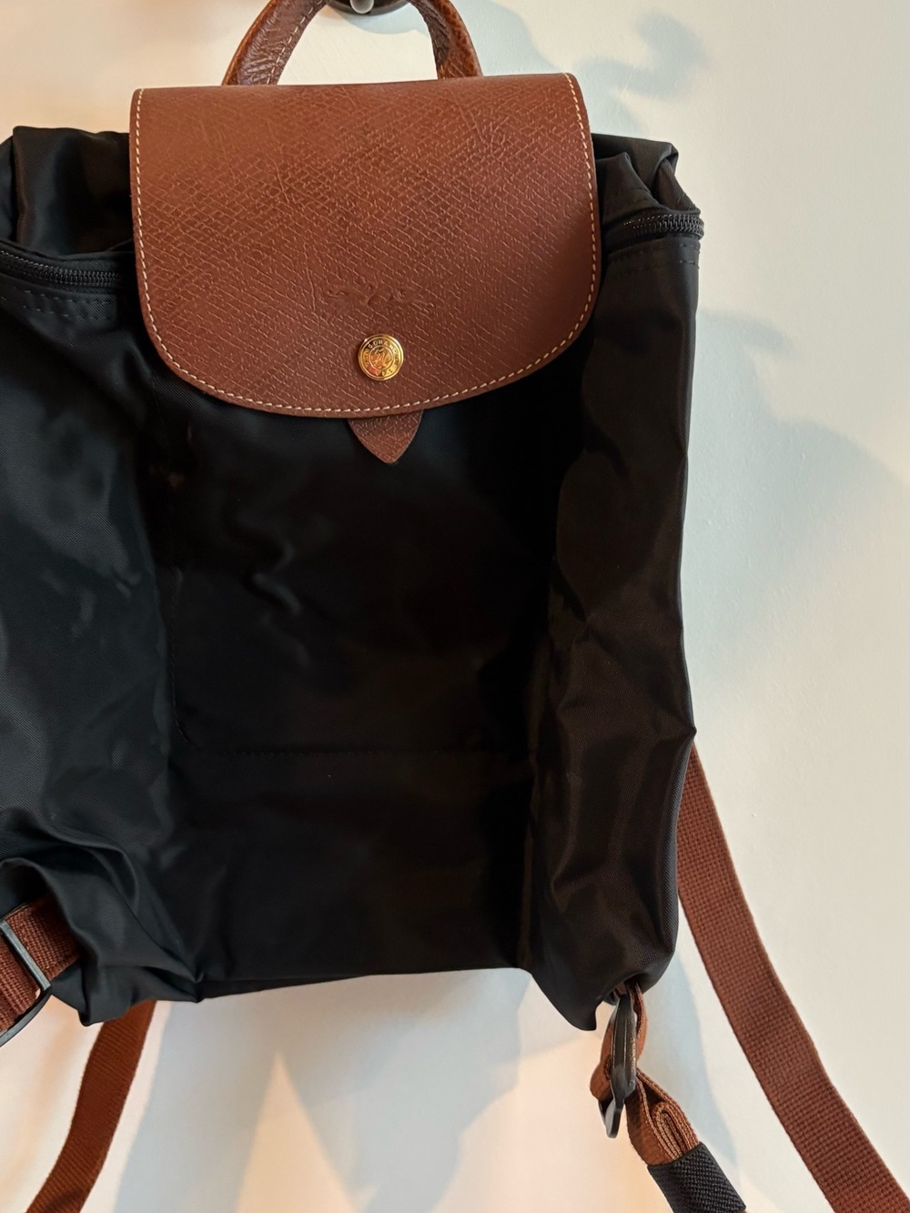 Longchamp Le Pliage Nylon Canvas Backpack with Leather Flap